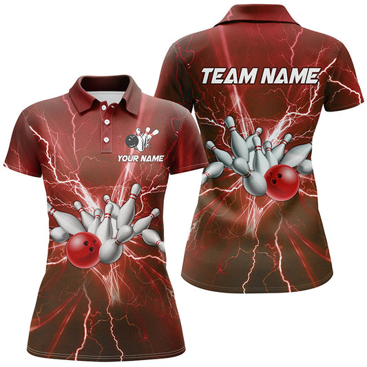 Women bowling polo shirts Custom red lightning thunder Bowling Team Jersey, gift for team Bowlers NQS7394