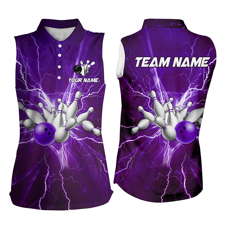 Women bowling sleeveless polo shirts Custom purple lightning thunder Bowling Team Jerseys NQS7395