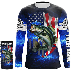 Bass Fishing 3D American Flag patriotic blue galaxy Custom long sleeve Fishing Shirts NQS5397