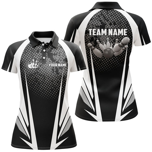 Women's Bowling polo Shirt Custom bowling ball and pins black and white team ladies Bowlers Jerseys NQS5873