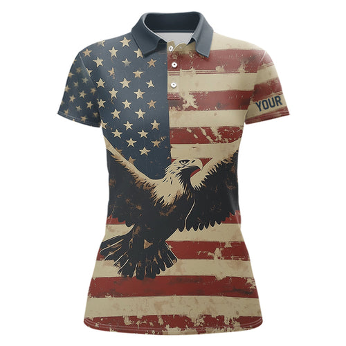 Personalized Vintage Eagle American flag Golf Polo Shirts For Women Custom Patriotic Ladies Golf shirt NQS9632