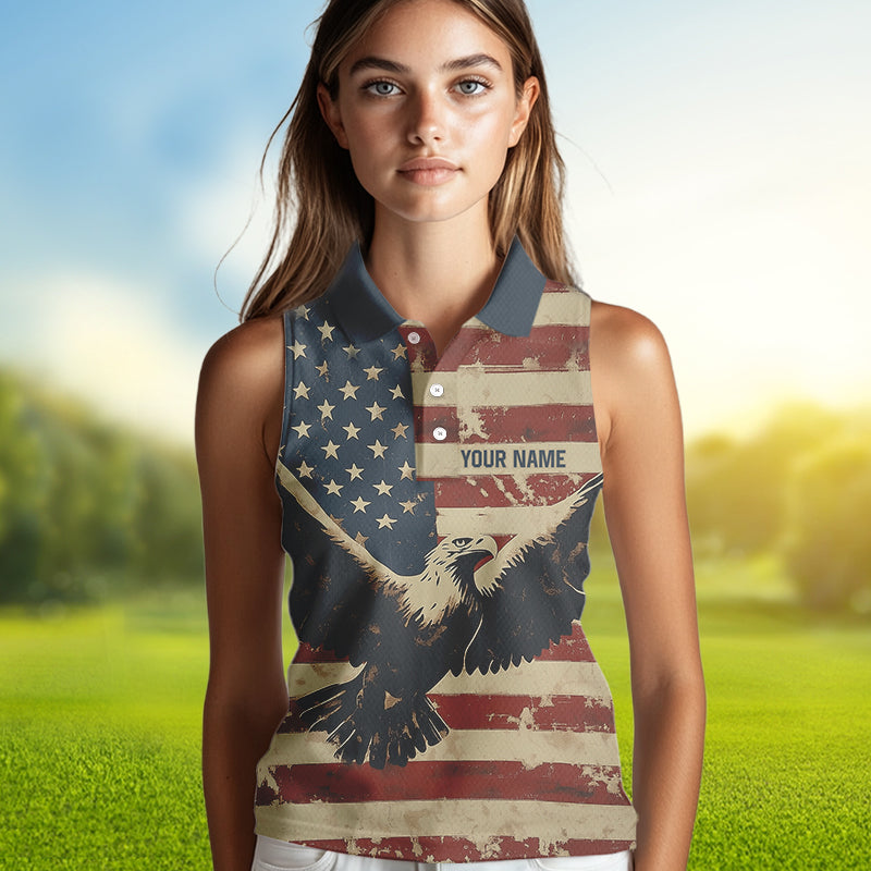 Personalized Vintage Eagle American flag Golf Sleeveless Polo Shirt Custom Patriotic Ladies Golf shirt NQS9632