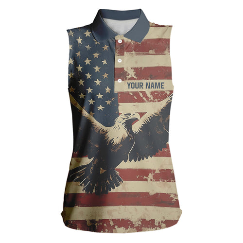 Personalized Vintage Eagle American flag Golf Sleeveless Polo Shirt Custom Patriotic Ladies Golf shirt NQS9632