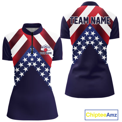 Red, White & Blue American Flag Women Bowling Shirts Custom Patriotic Team Bowling Jersey NQS10226
