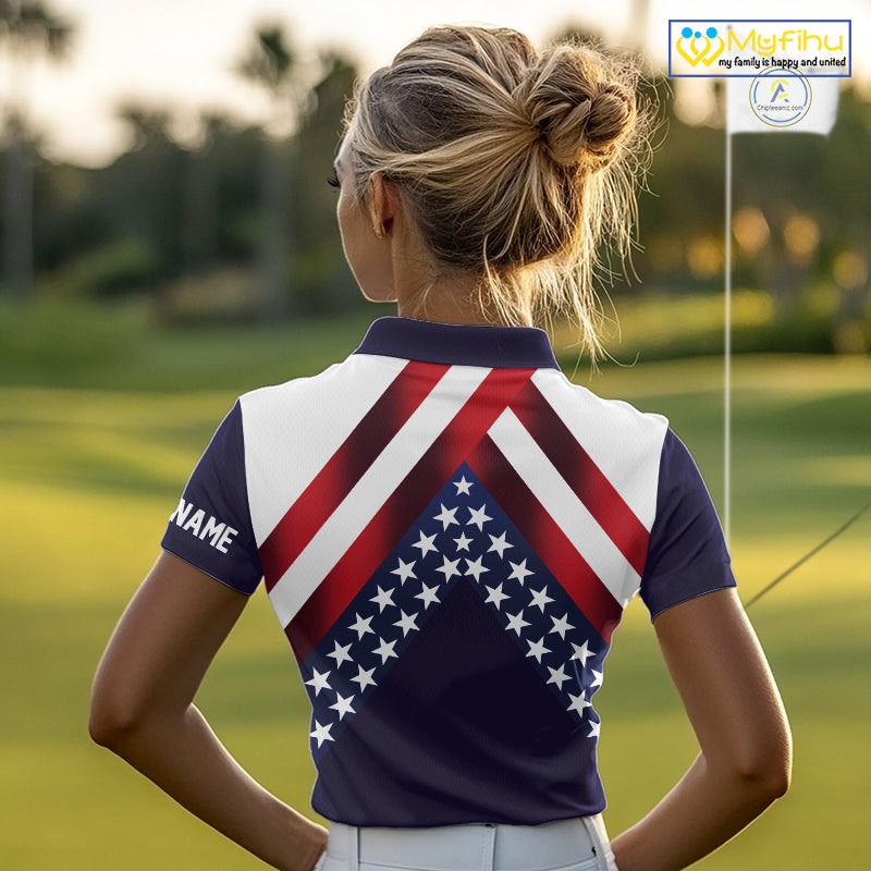 Red, White and Blue American Flag golf polo shirts for Women Custom Patriotic ladies golf outfit NQS10227