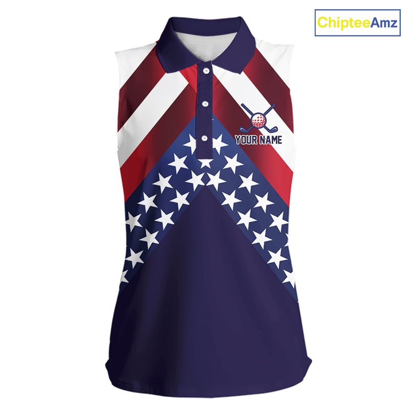 Red, White and Blue American Flag sleeveless golf polo shirts Custom Patriotic ladies golf outfit NQS10227