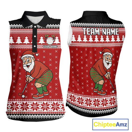 Funny Santa Sleeveless Golf Polo shirt Red ugly Christmas pattern Custom ladies Christmas golf shirts NQS11000