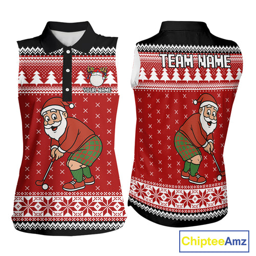 Funny Santa Sleeveless Golf Polo shirt Red ugly Christmas pattern Custom ladies Christmas golf shirts NQS11000