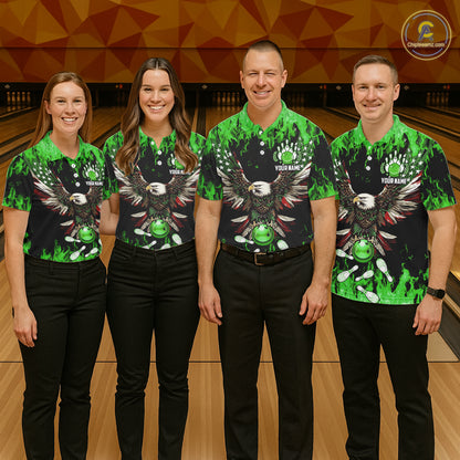 Green flame Mens bowling shirts Custom American flag Eagle Team bowling shirts, gift for bowlers NQS11188