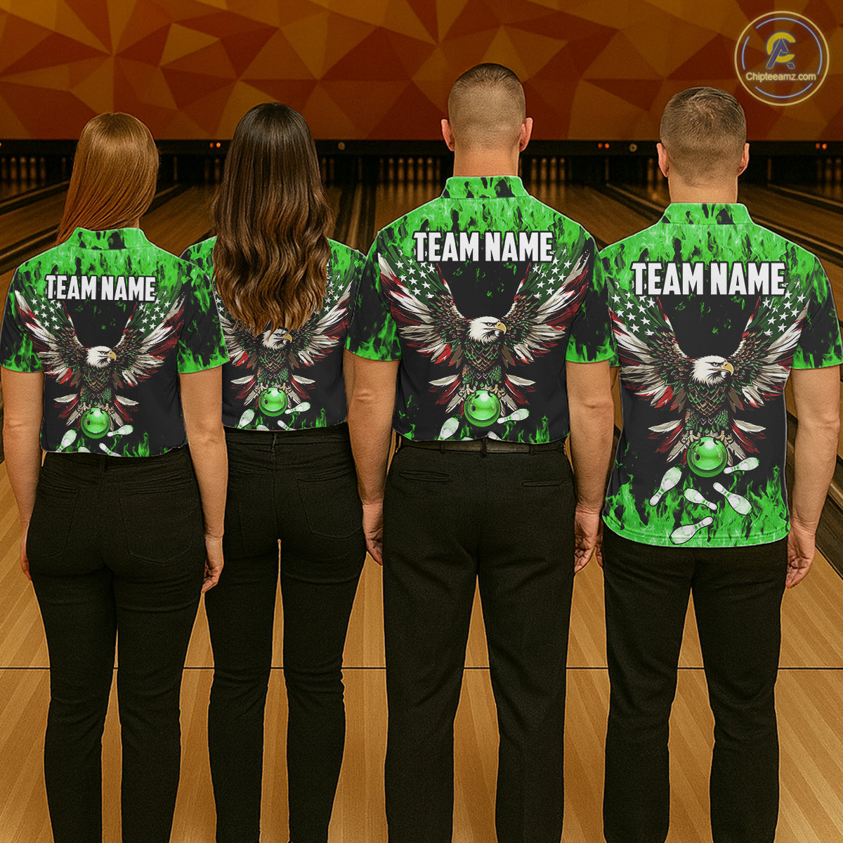Green flame Mens bowling shirts Custom American flag Eagle Team bowling shirts, gift for bowlers NQS11188