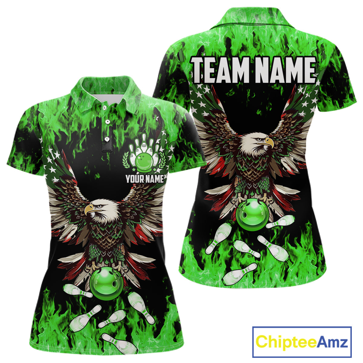 Green flame Womens bowling shirts Custom American flag Eagle Team bowling shirts, gift for bowlers NQS11188