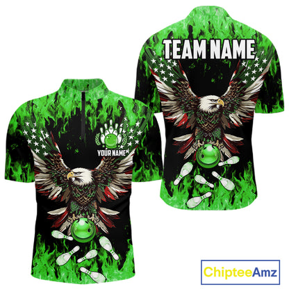 Green flame Mens bowling shirts Custom American flag Eagle Team bowling shirts, gift for bowlers NQS11188