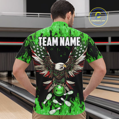 Green flame Mens bowling shirts Custom American flag Eagle Team bowling shirts, gift for bowlers NQS11188