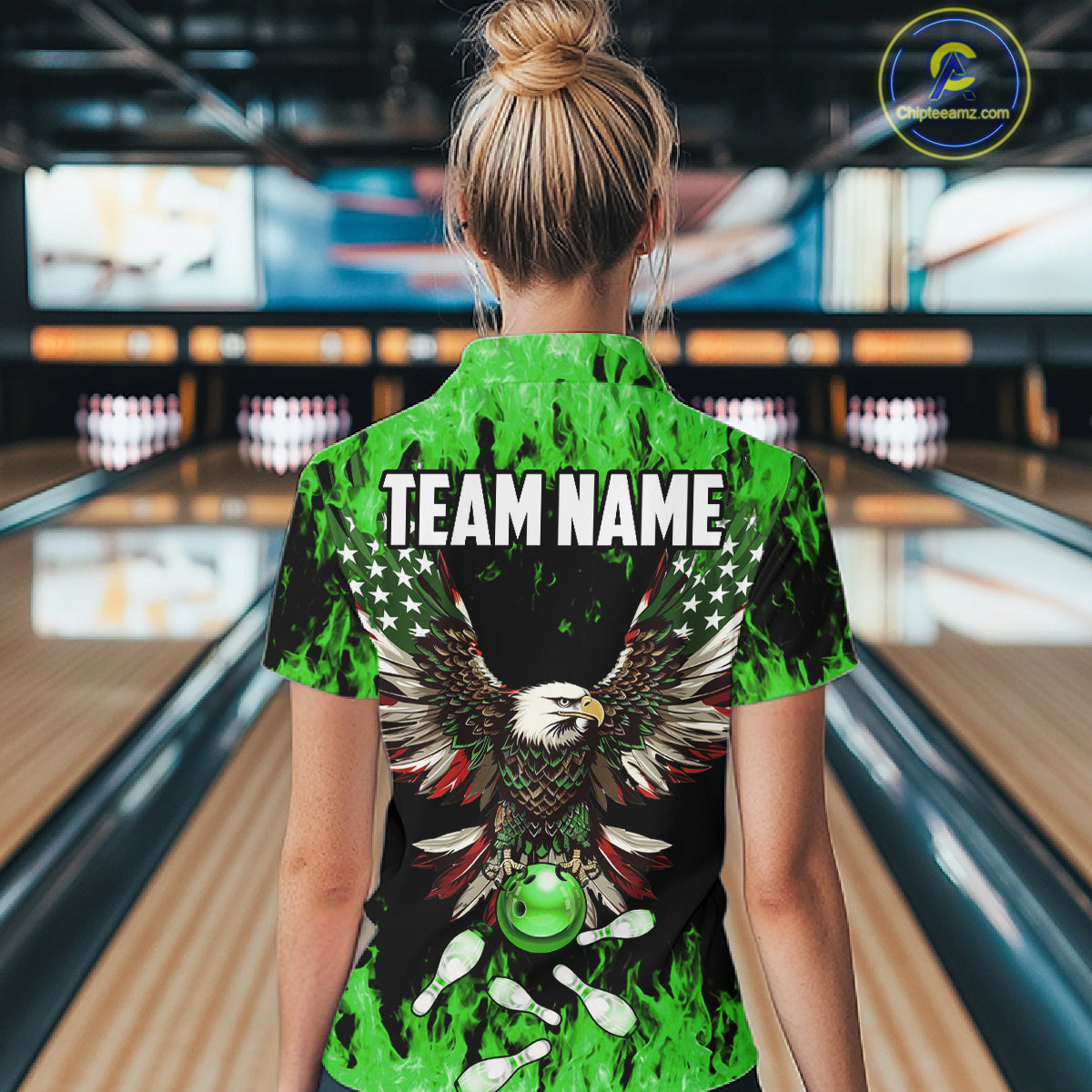 Green flame Womens bowling shirts Custom American flag Eagle Team bowling shirts, gift for bowlers NQS11188