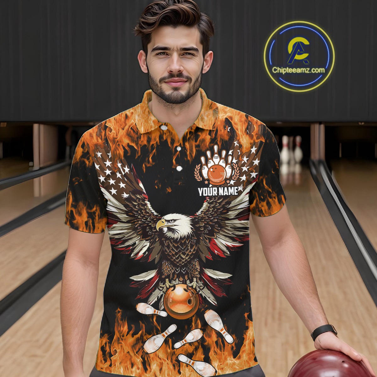 Orange flame Mens bowling shirts Custom American flag Eagle Team bowling shirts, gift for bowlers NQS11189