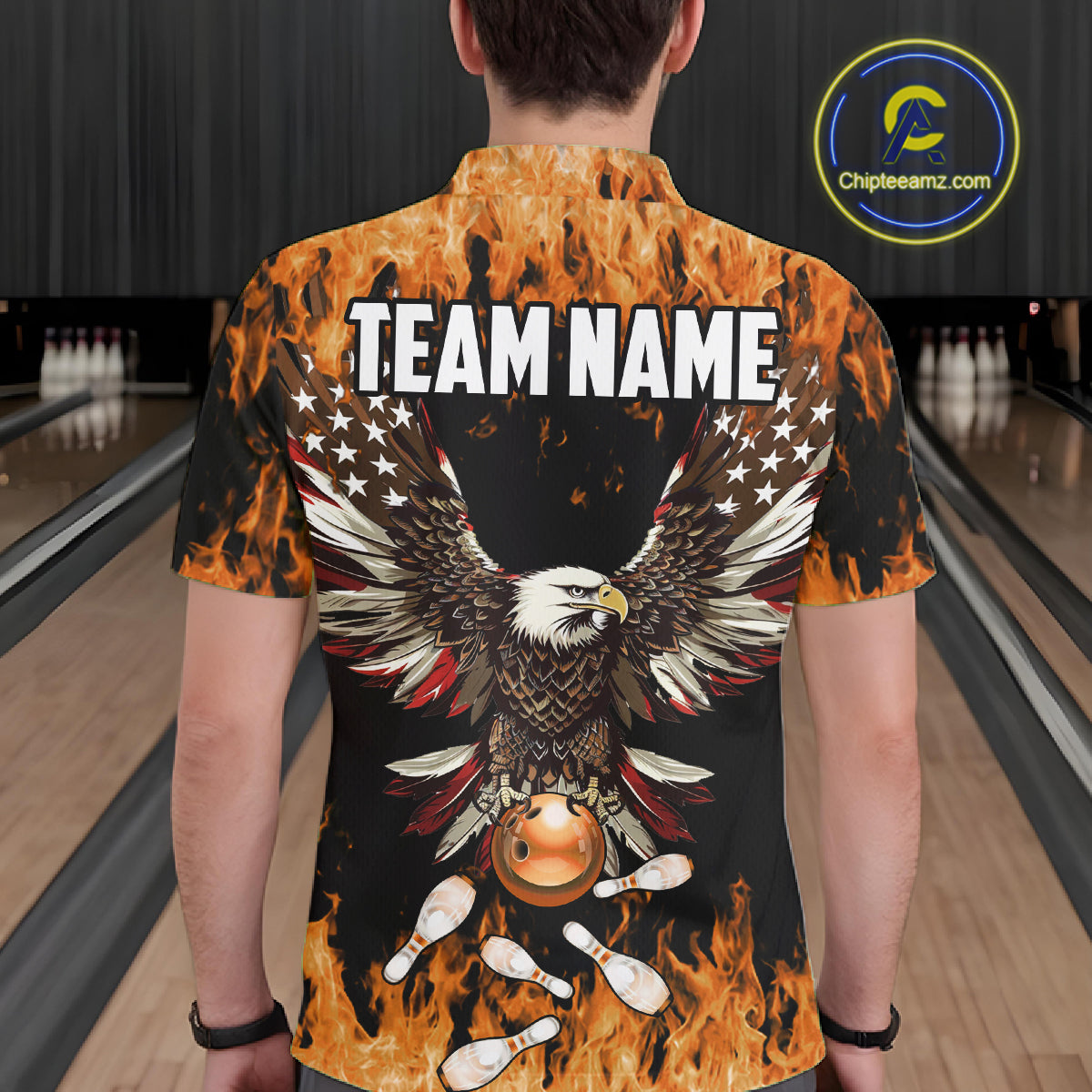Orange flame Mens bowling shirts Custom American flag Eagle Team bowling shirts, gift for bowlers NQS11189