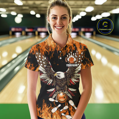 Orange flame Womens bowling shirts Custom American flag Eagle Team bowling shirts, gift for bowlers NQS11189