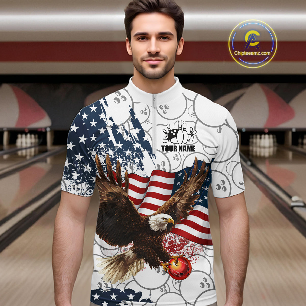 Red, White, Blue American Flag Eagle Men Bowling Shirts Custom Patriotic Camo Bowling Team Jersey NQS11192