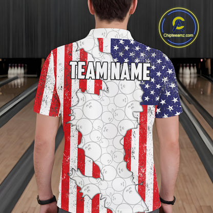 Personalized Red, White and Blue American Flag Bowling Team Shirts For Men, Patriotic Bowling Gifts NQS11197