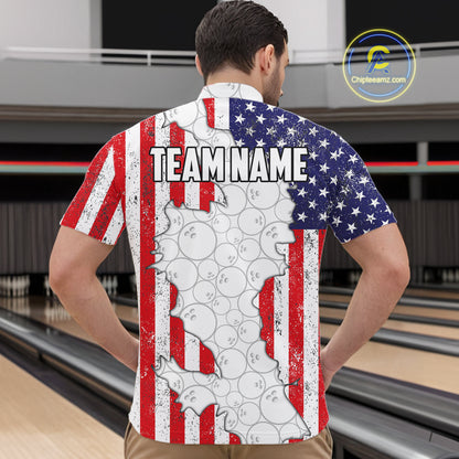 Personalized Red, White and Blue American Flag Bowling Team Shirts For Men, Patriotic Bowling Gifts NQS11197