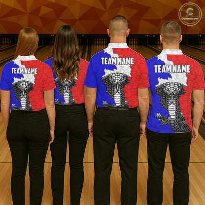 Personalized Red, White and Blue Cobra Snake Bowling Team Shirts For Women, Patriotic Bowling Jerseys NQS11198
