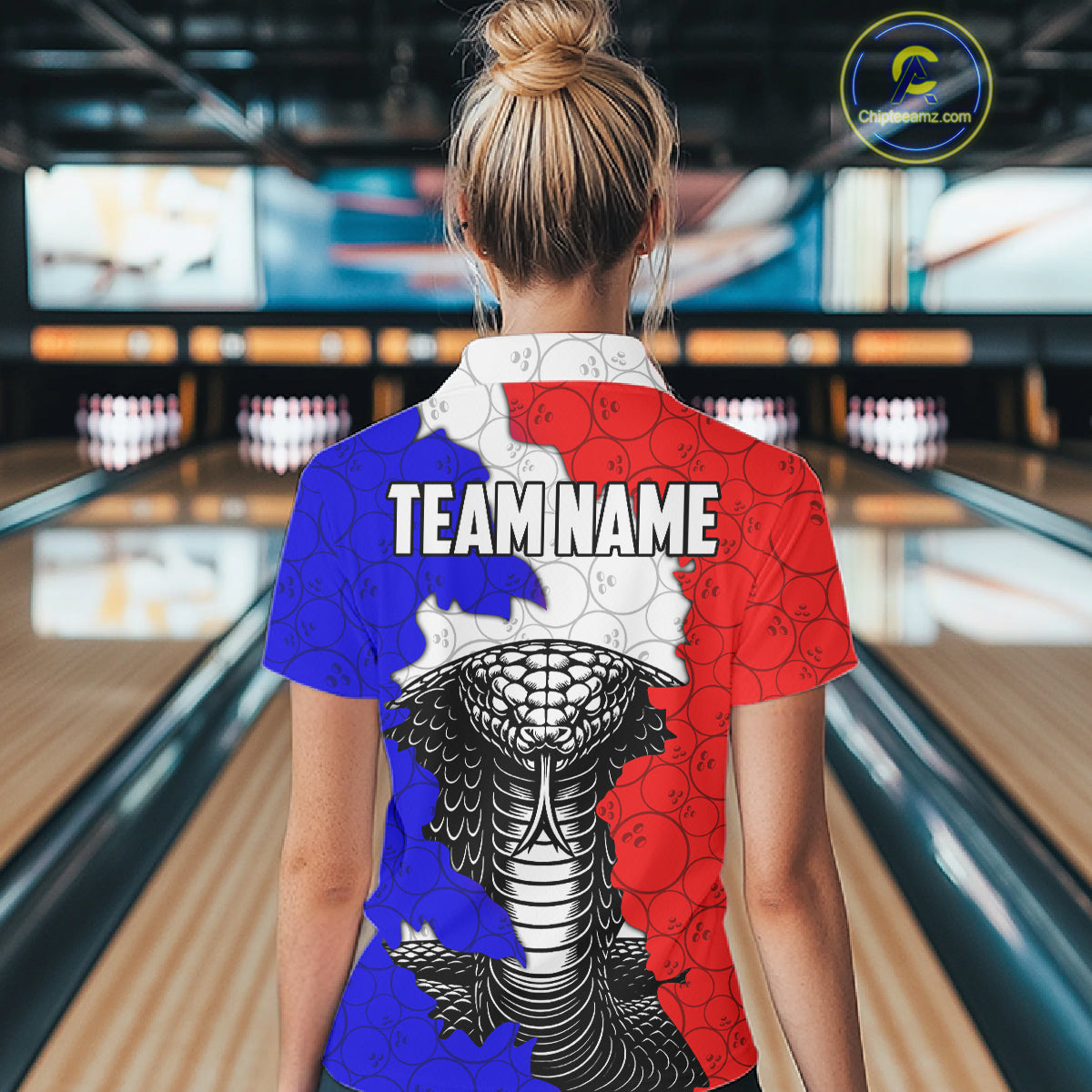 Personalized Red, White and Blue Cobra Snake Bowling Team Shirts For Women, Patriotic Bowling Jerseys NQS11198