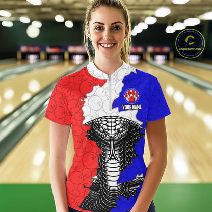 Personalized Red, White and Blue Cobra Snake Bowling Team Shirts For Women, Patriotic Bowling Jerseys NQS11198