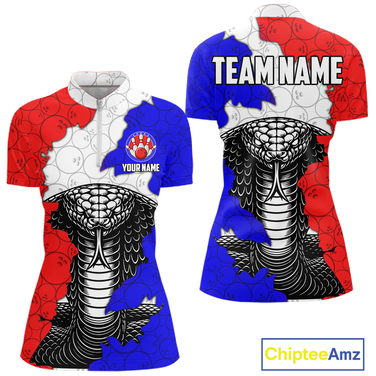Personalized Red, White and Blue Cobra Snake Bowling Team Shirts For Women, Patriotic Bowling Jerseys NQS11198