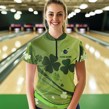 Green shamrock Lucky Women Bowling Polo, Quarter Zip Shirts Custom St Patrick Day Team bowling Shirts NQS9328
