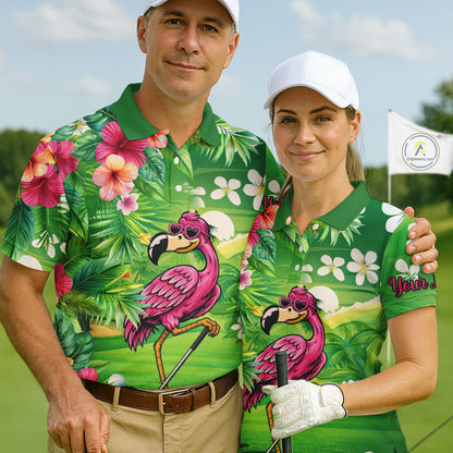 Personalized Green tropical flower flamingo matching men and womens golf shirts, team golf clothes NQS11399