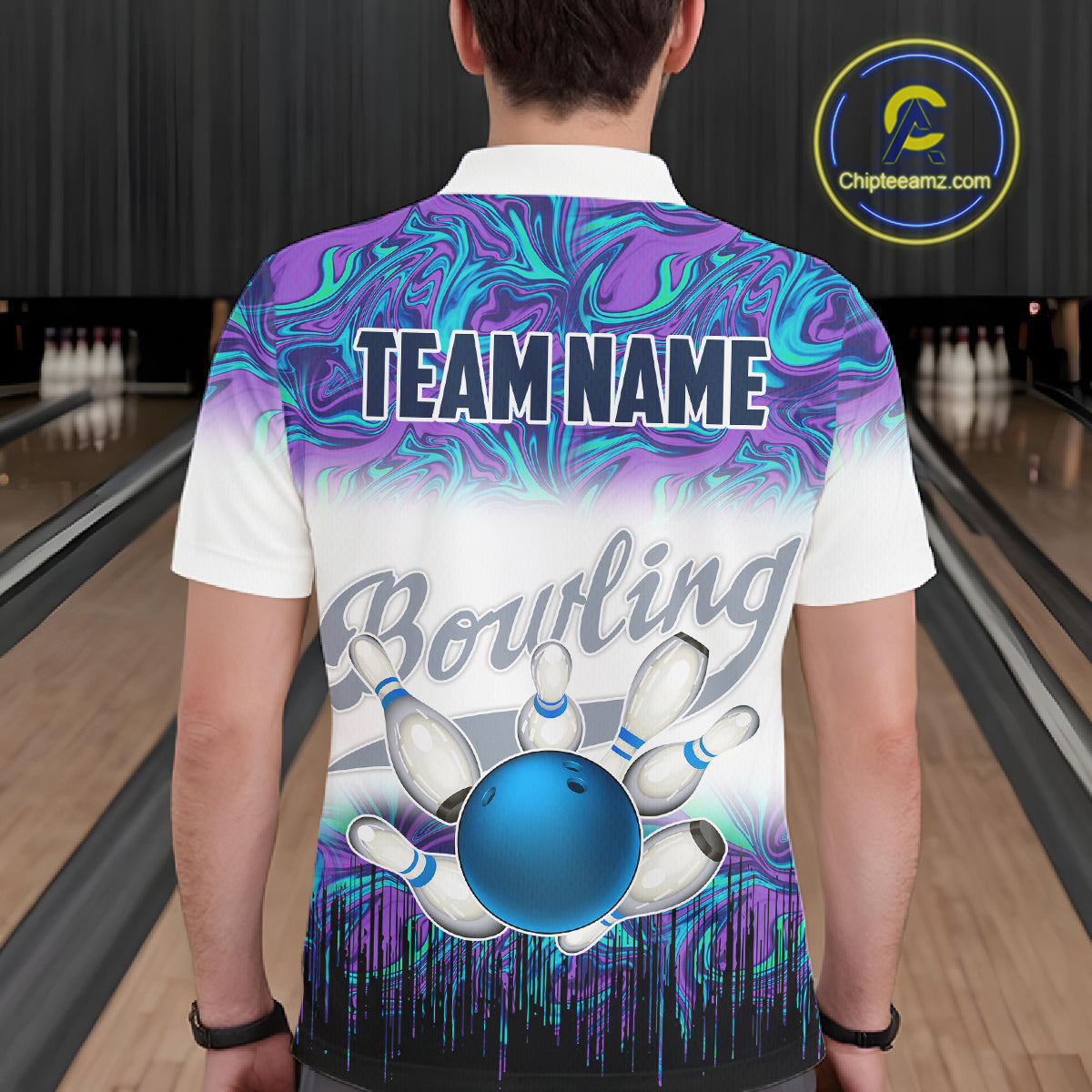 Mens Bowling polo shirts Custom blue purple marble pattern bowling Team Jerseys, gift for bowlers NQS7141