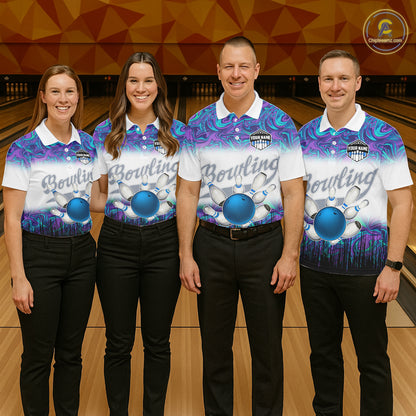 Women bowling polo shirts Custom blue purple marble pattern bowling Team Jerseys, gift for bowlers NQS7141