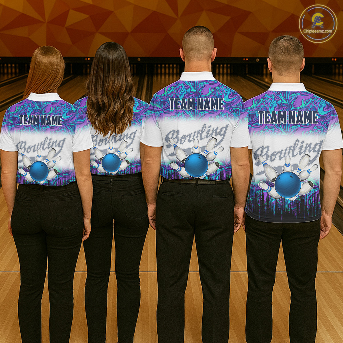Women bowling polo shirts Custom blue purple marble pattern bowling Team Jerseys, gift for bowlers NQS7141