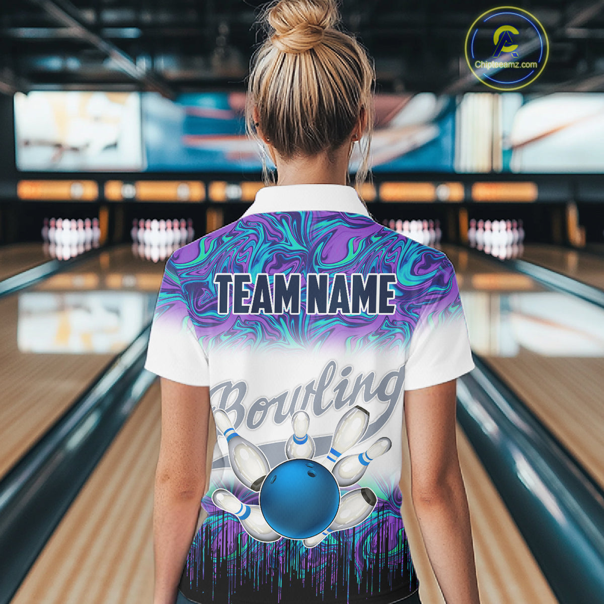 Women bowling polo shirts Custom blue purple marble pattern bowling Team Jerseys, gift for bowlers NQS7141