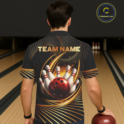 Custom Black and Gold Bowling Hawaiian Button-up Shirts, Team Bowling League Jerseys NQS11599