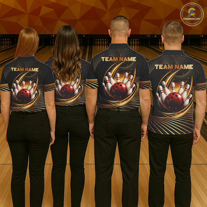 Custom Black and Gold Bowling Polo, Quarter Zip Shirts for Women, Team Bowling League Jerseys NQS11599