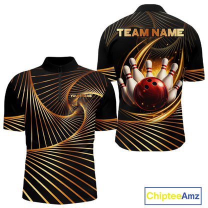 Custom Black and Gold Bowling Polo, Quarter Zip Shirts for Men, Team Bowling League Jerseys NQS11599