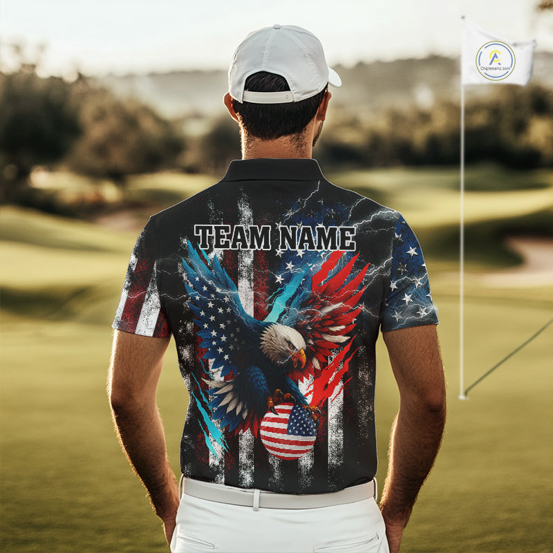 Personalized American Flag Eagle Lightning Thunder Golf Polo Shirts For Men, Patriotic Golfing Gifts NQS11717