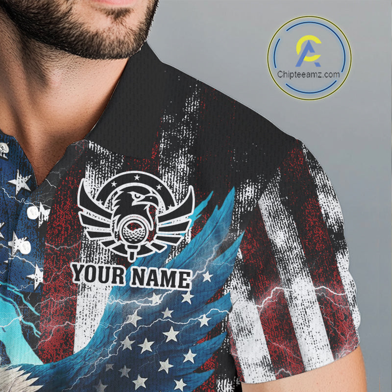Personalized American Flag Eagle Lightning Thunder Golf Polo Shirts For Men, Patriotic Golfing Gifts NQS11717
