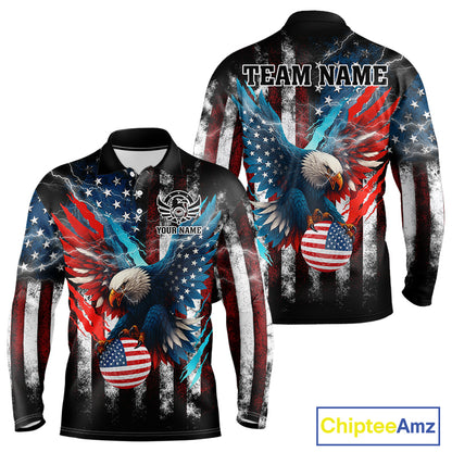 Personalized American Flag Eagle Lightning Thunder Golf Polo Shirts For Men, Patriotic Golfing Gifts NQS11717