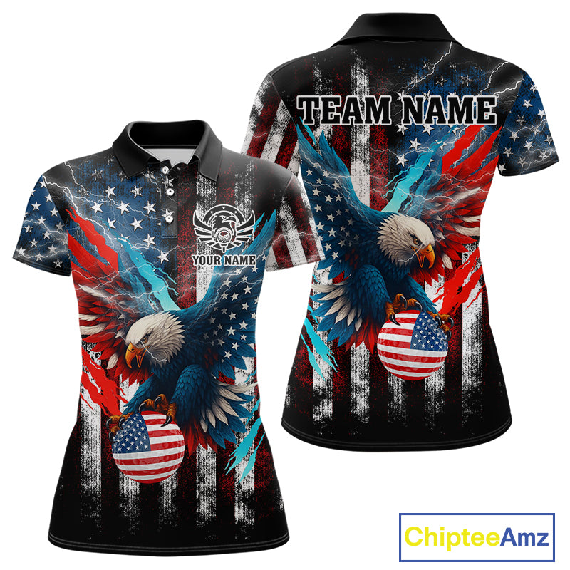 Personalized American Flag Eagle Lightning Thunder Golf Polo Shirts For Women, Patriotic Golfing Gift NQS11717