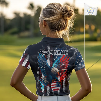 Personalized American Flag Eagle Lightning Thunder Golf Polo Shirts For Women, Patriotic Golfing Gift NQS11717