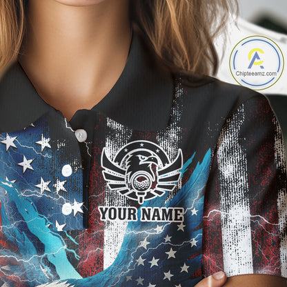Personalized American Flag Eagle Lightning Thunder Golf Polo Shirts For Women, Patriotic Golfing Gift NQS11717