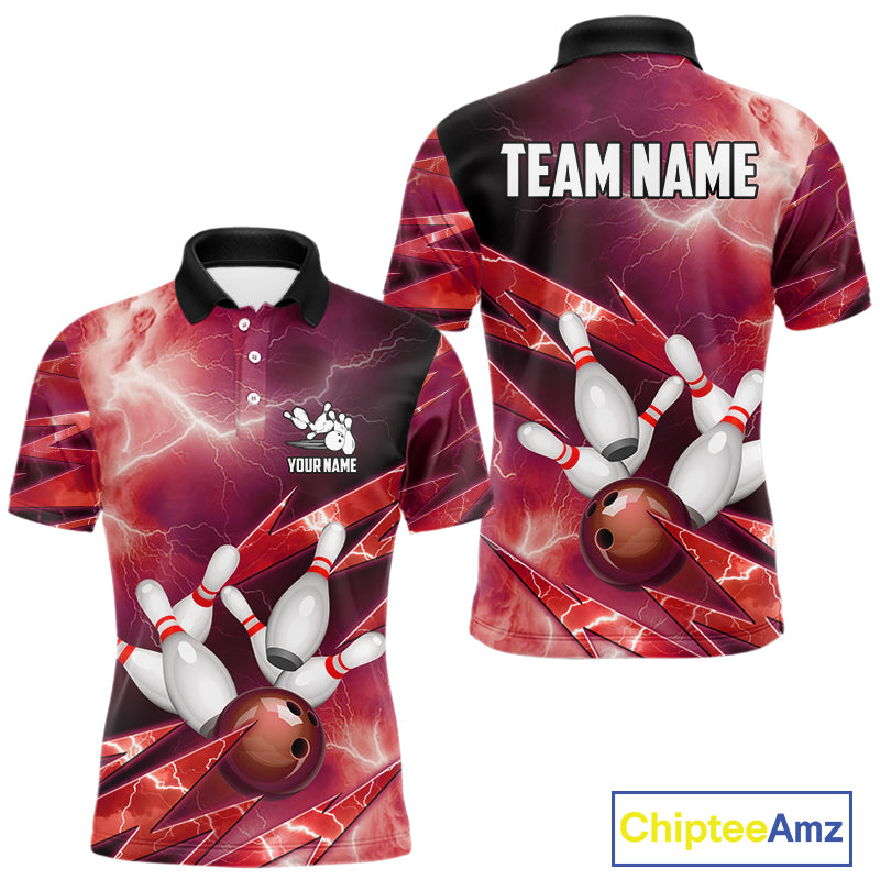 Red Storm Lightning Thunder Bowling Polo, Quarter Zip Shirt For Men Custom Bowling Team Jersey NQS11718