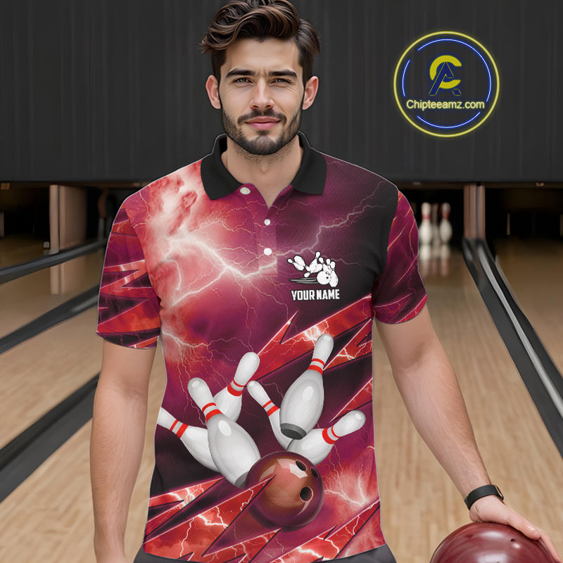Red Storm Lightning Thunder Bowling Polo, Quarter Zip Shirt For Men Custom Bowling Team Jersey NQS11718