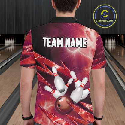 Red Storm Lightning Thunder Bowling Polo, Quarter Zip Shirt For Men Custom Bowling Team Jersey NQS11718