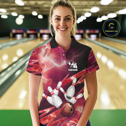 Red Storm Lightning Thunder Bowling Polo, Quarter Zip Shirt For Women Custom Bowling Team Jersey NQS11718