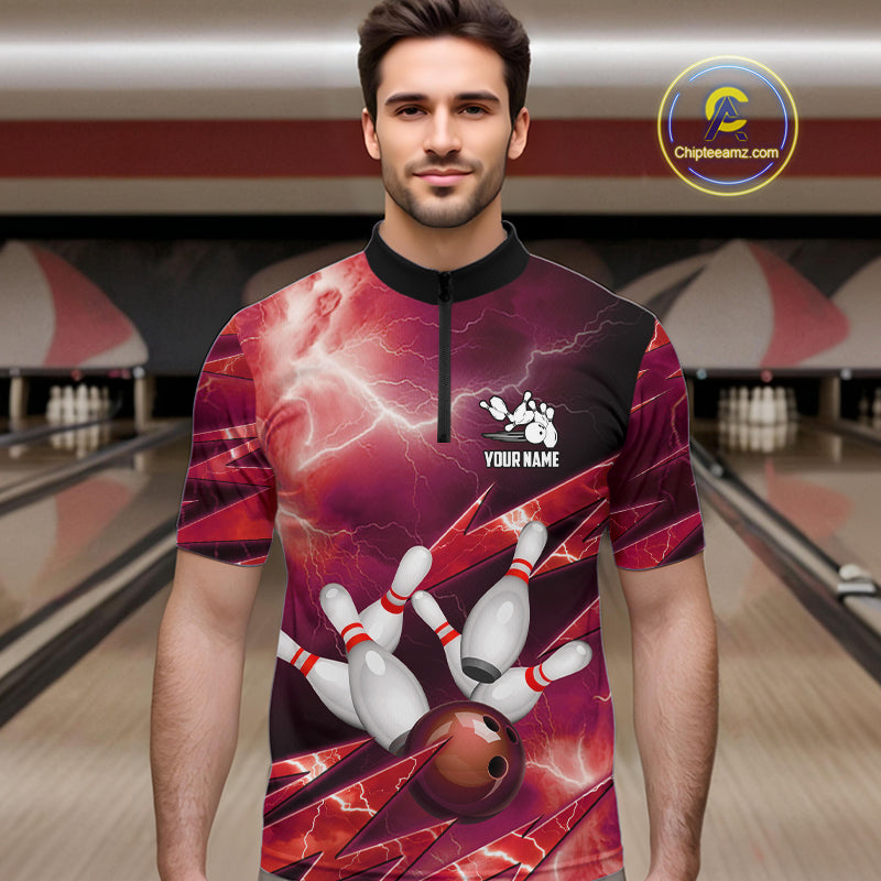 Red Storm Lightning Thunder Bowling Polo, Quarter Zip Shirt For Men Custom Bowling Team Jersey NQS11718