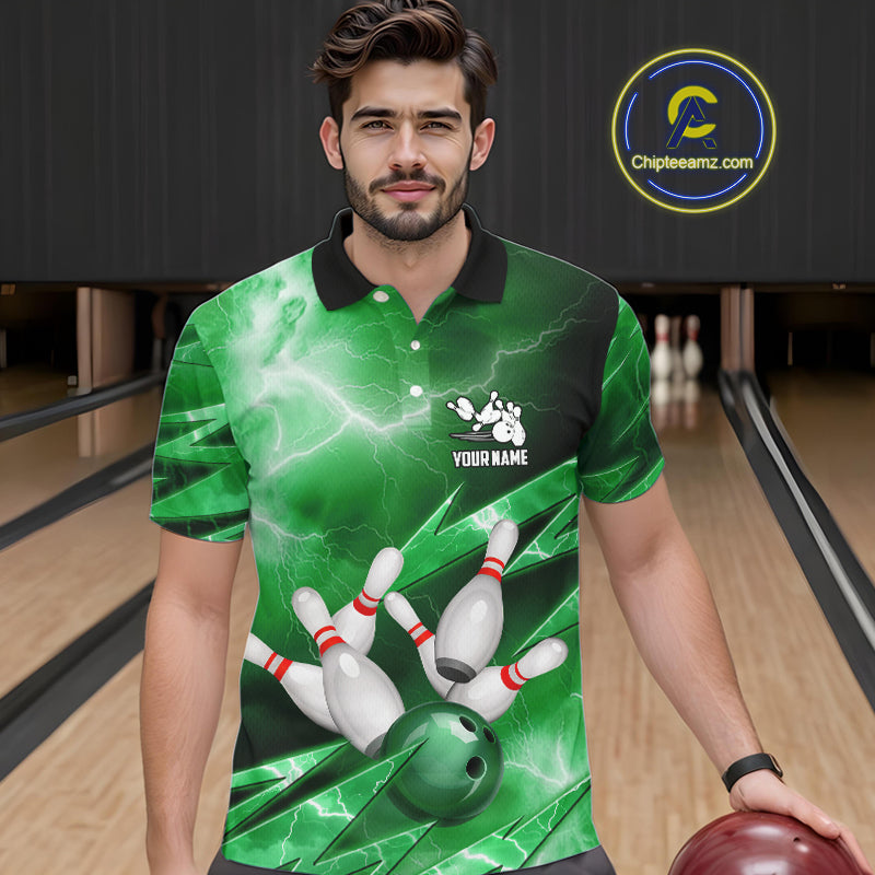 Green Storm Lightning Thunder Bowling Polo, Quarter Zip Shirt For Men Custom Bowling Team Jersey NQS11719