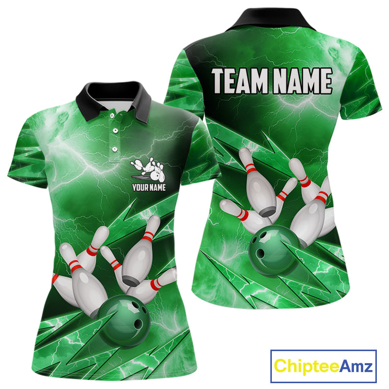 Green Storm Lightning Thunder Bowling Polo, Quarter Zip Shirt For Women Custom Bowling Team Jersey NQS11719